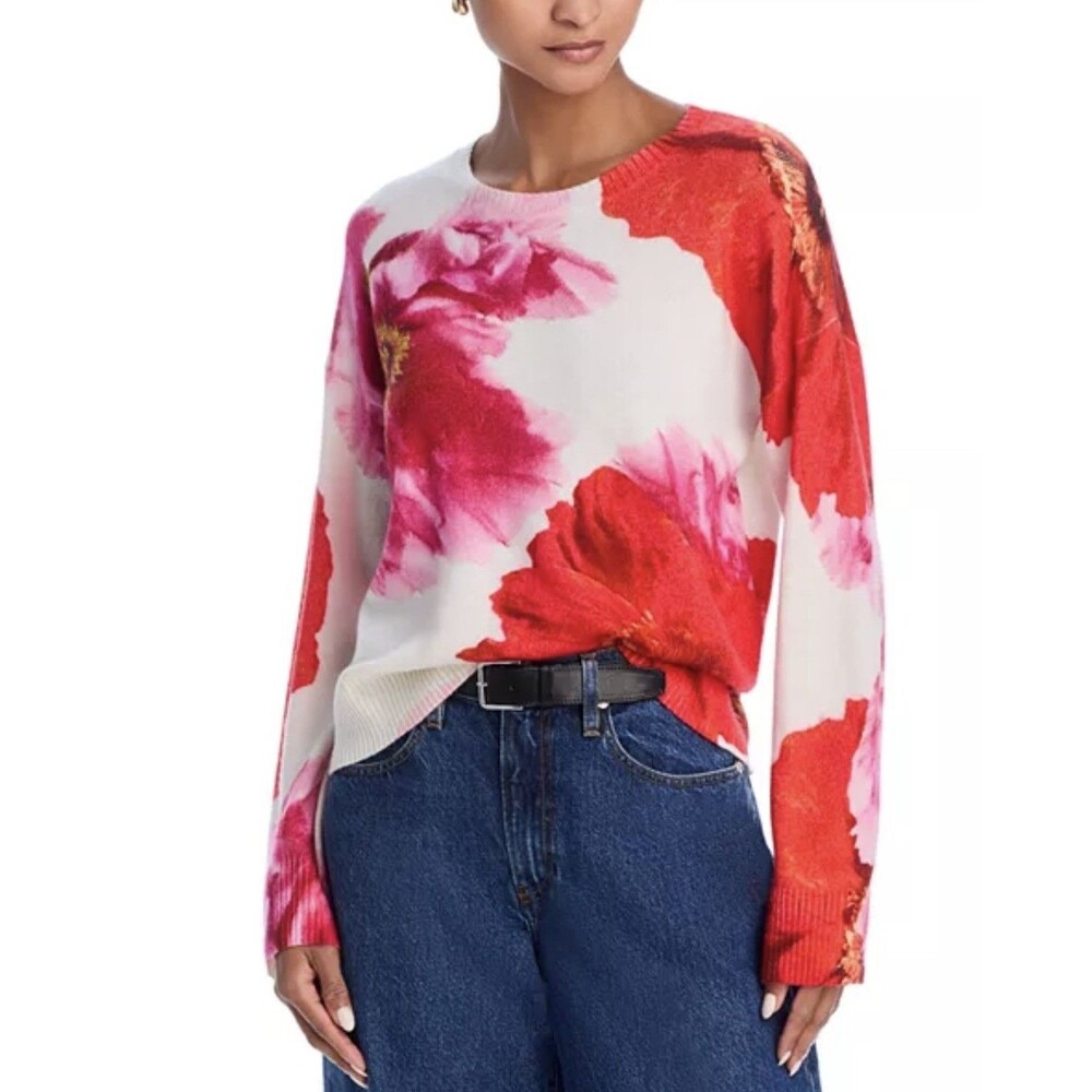 C BY BLOOMINGDALES CASHMERE Womens Floral Print Crewneck Sweater Ivory Sz Small